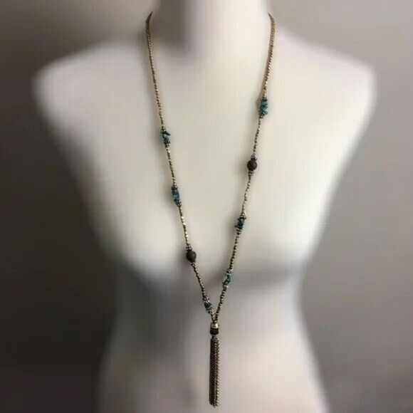 Tassel Necklace Gold Chain Silver Beaded Turquoise Color Stones Lava Beads - Picture 13 of 13